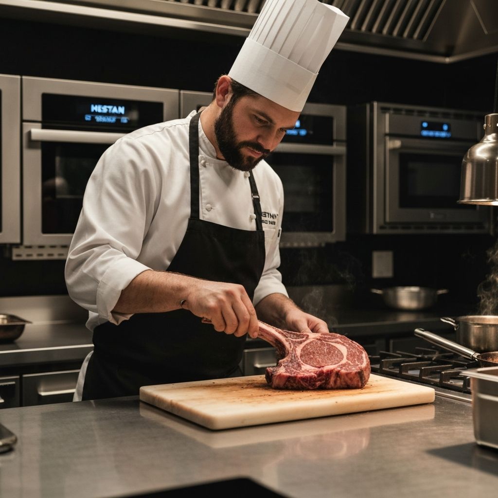 Professional chef searing steak in Hestan NanoBond pan demonstrating high-heat cooking capabilities